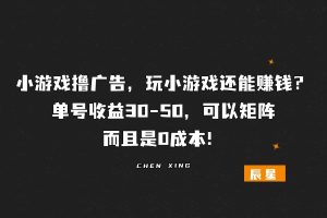 小游戏撸广告，玩小游戏还能赚钱？单号收益30-50，可以矩阵， 而且是0成本！-辰星